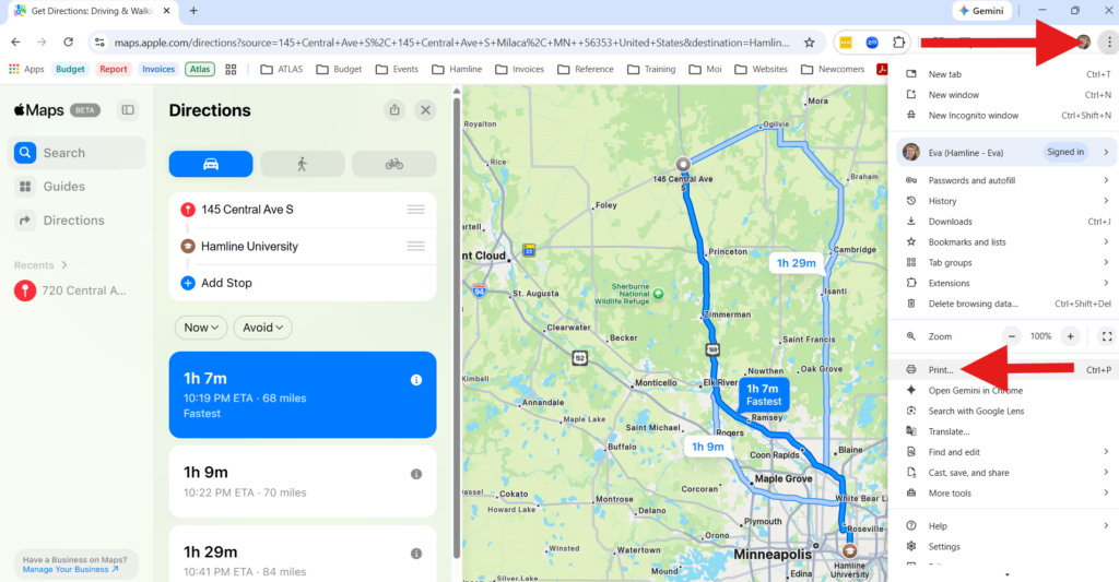Apple Maps showing 3 dots in browser to print