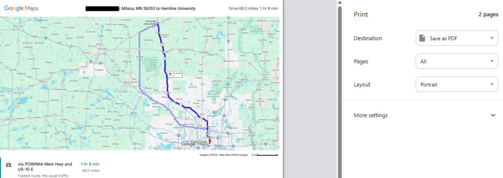 Google Maps print screen showing Save as PDF with start at home address and end at activity address.